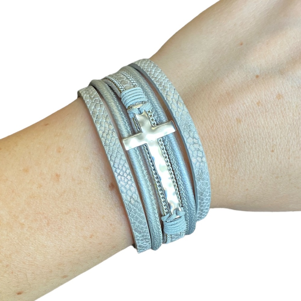 Cowgirl Silver Bracelet Snake Print Cross Charm Western Leather Wrap Jewelry NEW